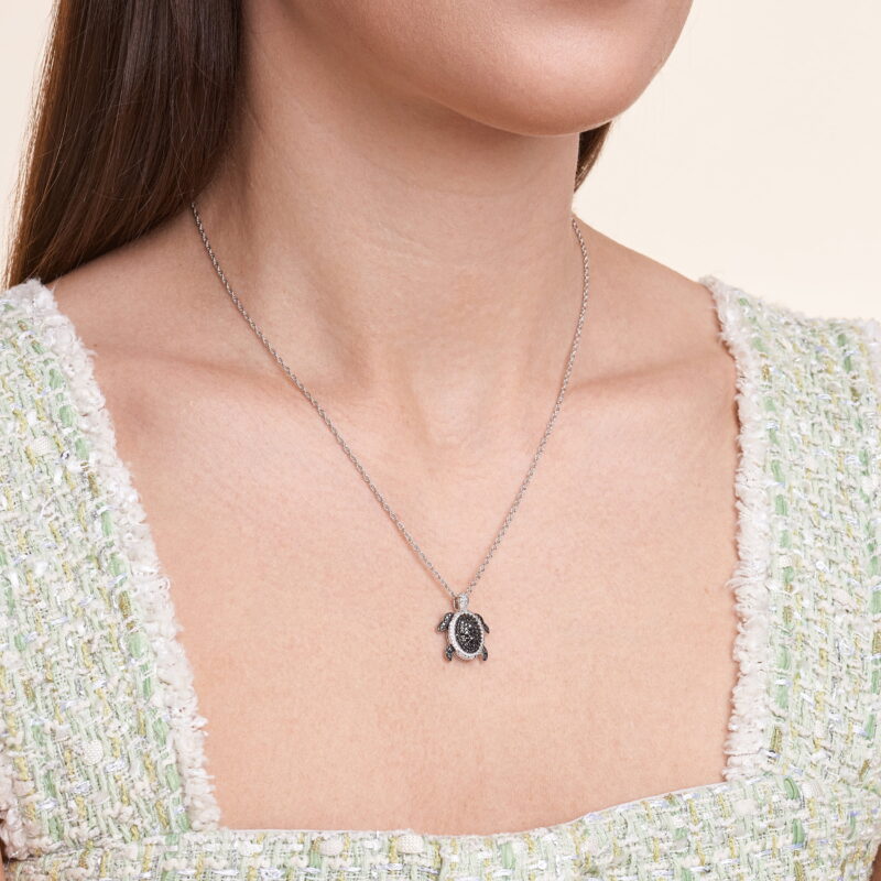 Forever Facets Black and White Diamond Turtle Pendant Necklace in Sterling Silver, Adult Female - Image 3