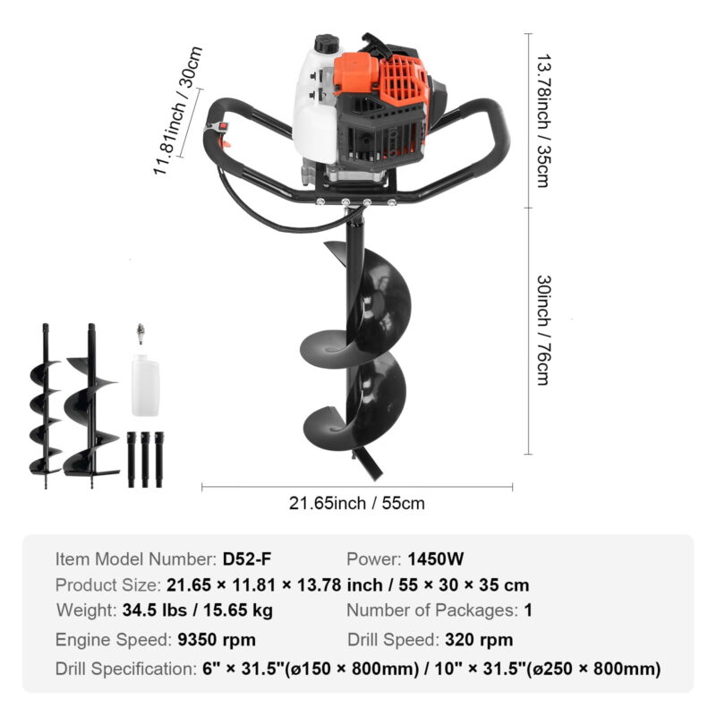 KFFKFF Post Hole Digger 52cc Gas Powered Earth Digger 2 Auger Drill Bit 6" & 10" - Image 7