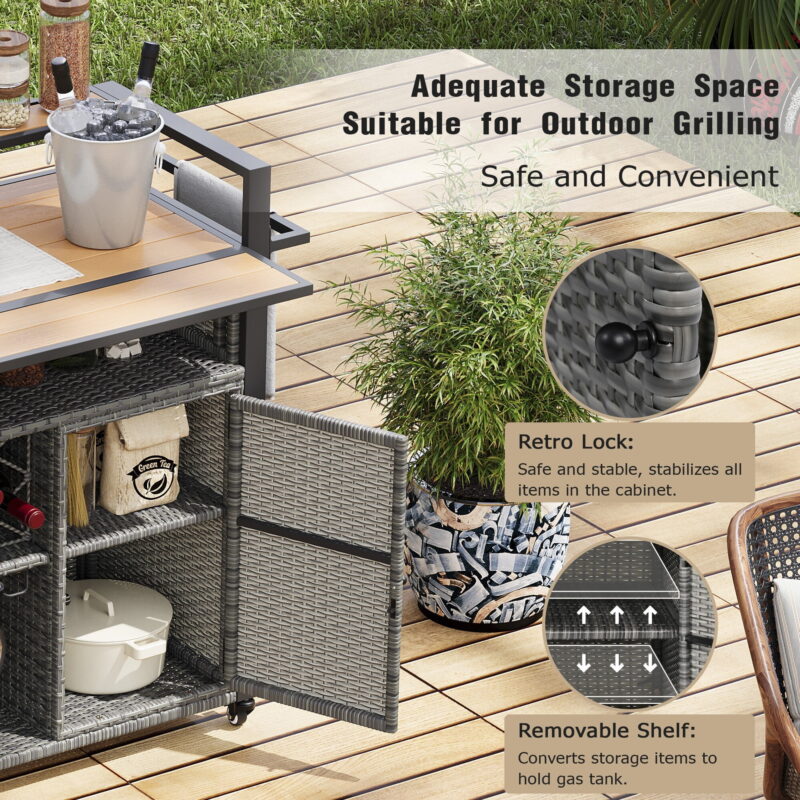 AENKYO Outdoor Grill Cart with Drop Leaf, Cabinets, Spice Racks, and Wheels, All-Weather Wicker BBQ Prep Table for Patio or Kitchen, Gray - Image 5