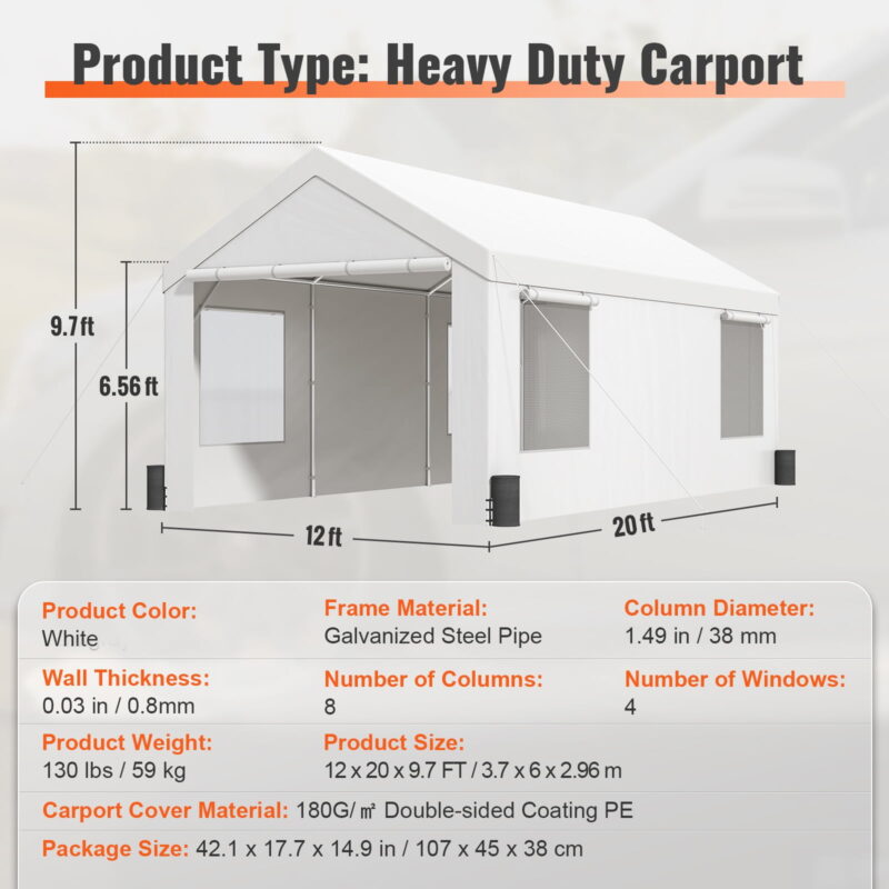 BENTISM Carport Car Canopy Garage Shelter 12x20ft & 8 Legs Sidewalls Windows - Image 7