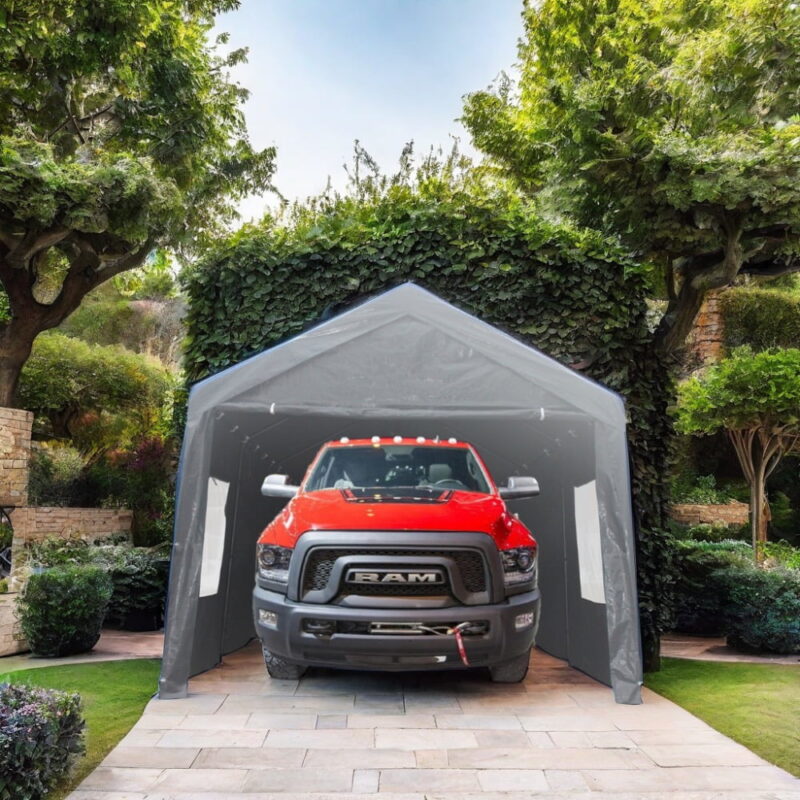 Miniyam Outdoor Carport, 10'x20' Heavy Duty Carport with Roll-up Ventilated Windows, Portable Garage with Removable Sidewalls & Doors for Car, Truck, Gray - Image 2