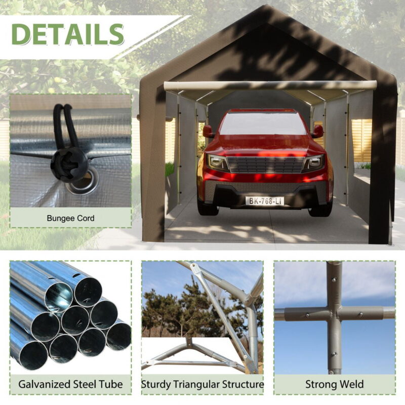 10x20 Heavy Duty Steel Canopy Tent with Roll-up Ventilated Windows, Garage Carport with Removable Sidewall & Doors, Gray - Image 2