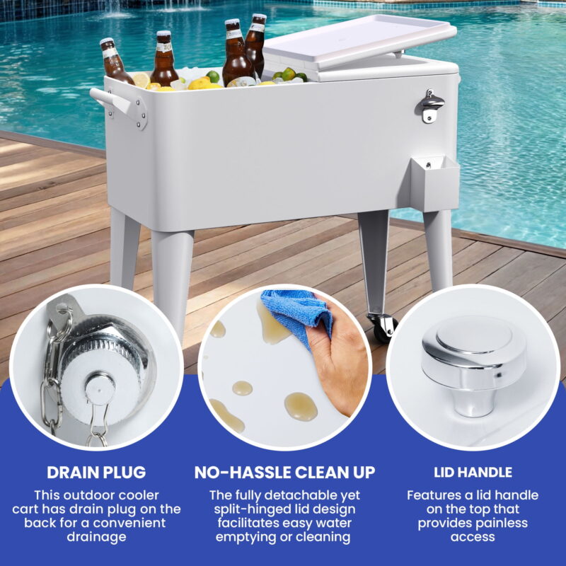 Uforic 80 Quart Rolling Ice Chest Cooler Cart,Outdoor Portable Beverage Cart with Bottle Opener & Drain, White - Image 3