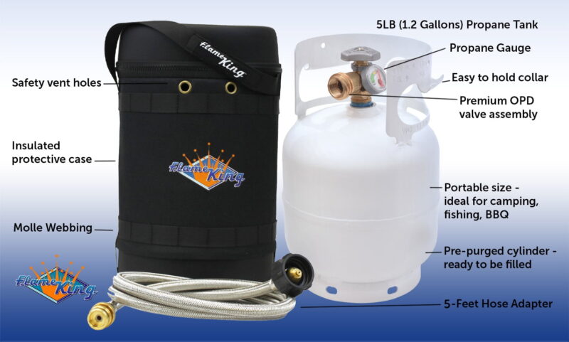 Flame King Gas Hauler Pro Kit - Insulated Protective Carry Case, 5lb Propane Tank with Built-in Gauge and 5-ft Adapter Hose for Camping and Outdoor Adventures - Image 2