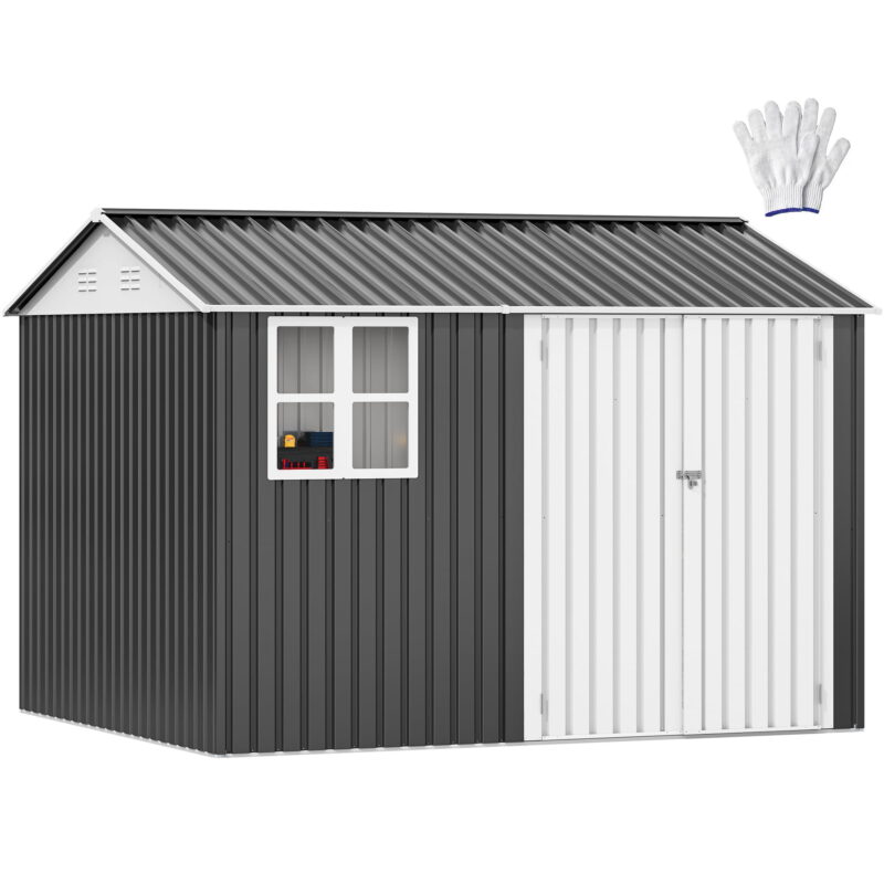 Uforic 10' x 8' Outdoor Storage Shed, Waterproof Metal Shed with Windows, Lockable Doors Gray/White - Image 3