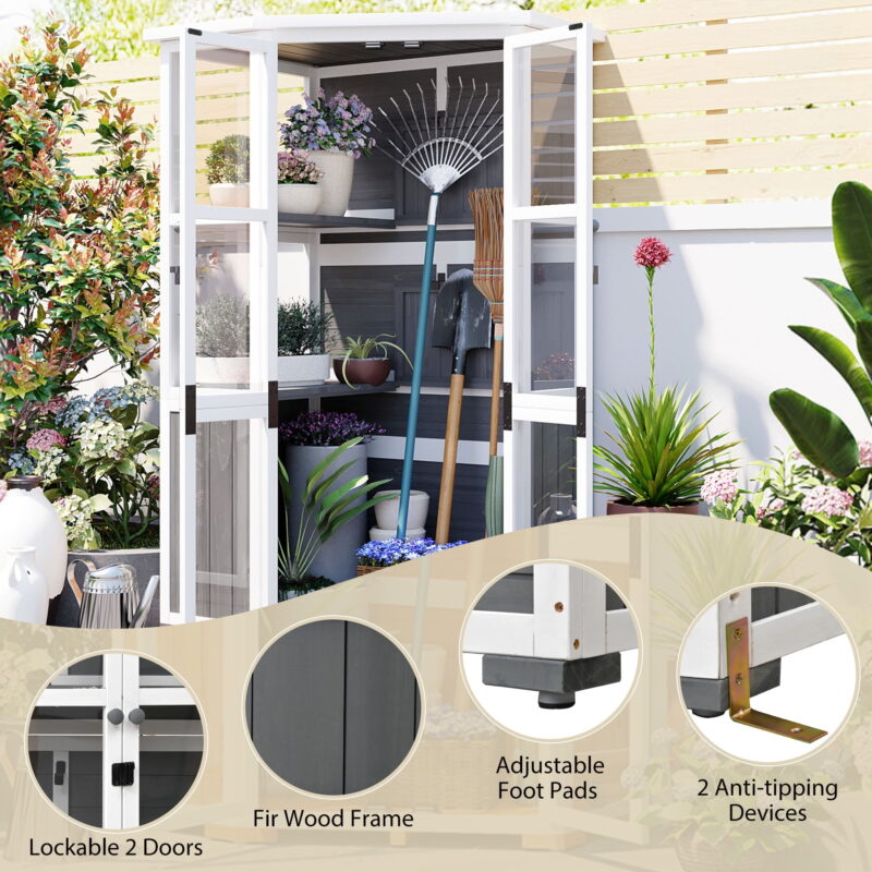 Euroco 63" Height Garden Wood Storage Cabinet & Mini Greenhouse, Outdoor Tool Storage Shed with Waterproof Roof and Lockable Door - Image 5
