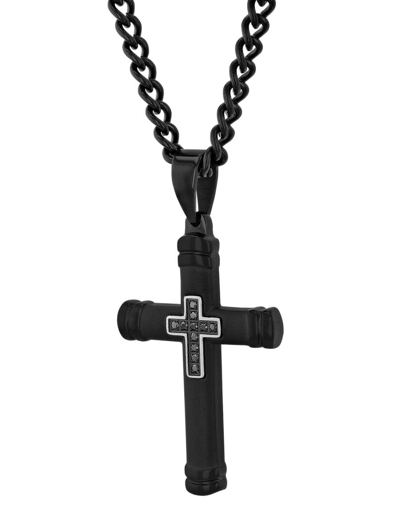 Men's Black Diamond Accent Black Stainless Steel Cross Pendant 24" Necklace - Image 4