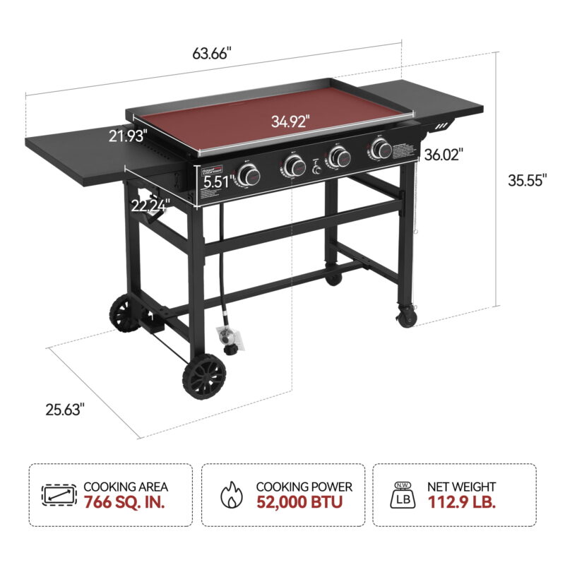 Royal Gourmet GB4001C 4-Burner 52000-BTU Propane Gas Grill Griddle, 36"L, With Cover - Image 2