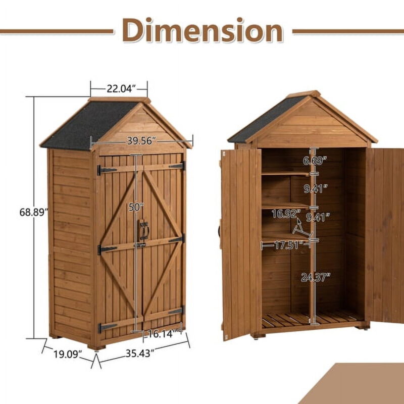 39.56"L x 22.04"W x 68.89"H Outdoor Storage Cabinet Garden Wood Tool Shed Outside Wooden Closet with Shelves and Latch, Brown - Image 3