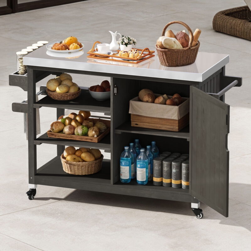 Dextrus Grill Carts Outdoor With Storage Cabinet and Wheels, Solid Wood Kitchen Island,Bar Cart - Image 4