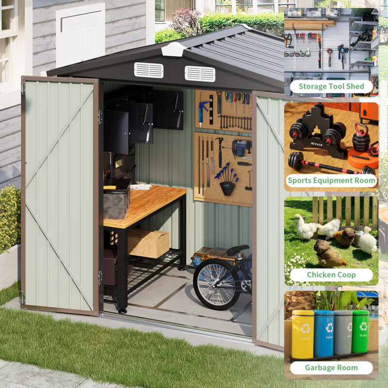BaPiPro 6X4 ft Outdoor Storage Shed with base, Metal Tool Shed with Lockable, Waterproof, Brown - Image 7