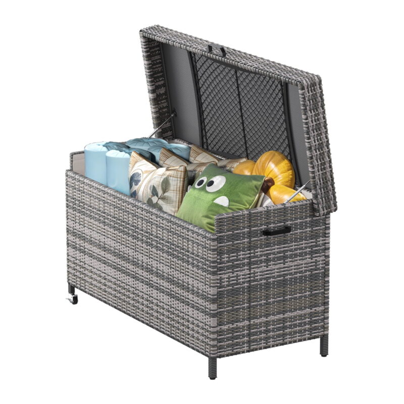 Uforic 200 Gallon Large Outdoor Rattan Deck Box, Storage Box with Storage Net & Movable Wheels for Patio Furniture, Garden Tools, Gray - Image 6