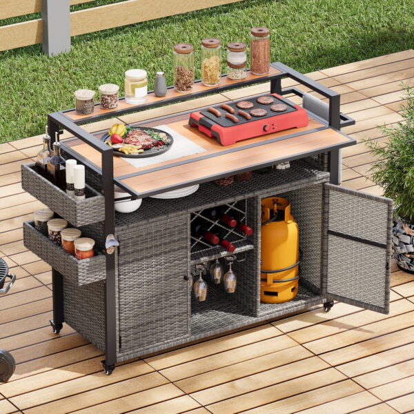 AENKYO Outdoor Grill Cart with Drop Leaf, Cabinets, Spice Racks, and Wheels, All-Weather Wicker BBQ Prep Table for Patio or Kitchen, Gray