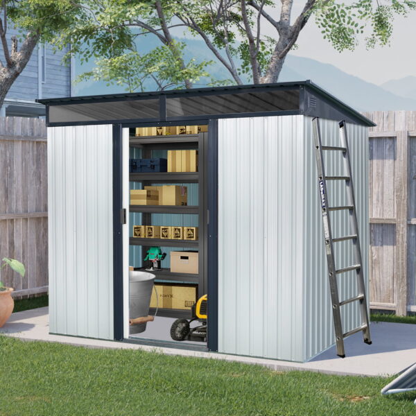 Alvantor Outdoor Storage Shed 8 x 6 Ft Metal Garden Shed with Sliding Doors and Transparent plate for Backyard, Garden White