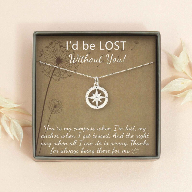 Anavia Anniversary Gift for Girlfriend / Wife, Sterling Silver Compass Necklace Gift Card, I'd Be Lost Without You Jewelry for Her