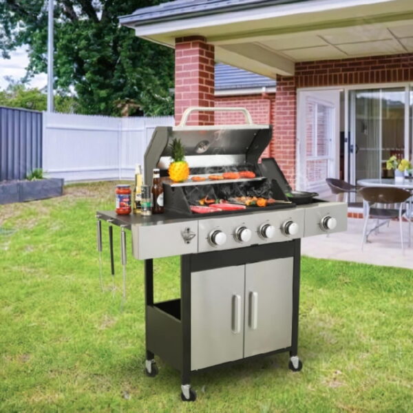 Ashwinter 4-burner 46790BTU Propane Gas BBQ Grill with Side Burner, Enamel Cooking Grids, Stainless Steel, Black + Grey