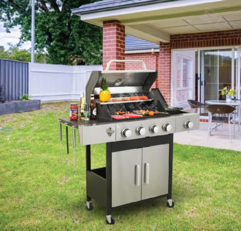 Ashwinter 4-burner 46790BTU Propane Gas BBQ Grill with Side Burner, Enamel Cooking Grids, Stainless Steel, Black + Grey