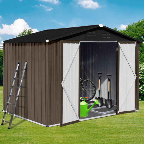 Aukfa 8FT x 6FT Outdoor Storage Shed, Metal Garden Shed with Vents, Tool Shed with Door and Padlock for Backyards, Patio Lawns, Brown