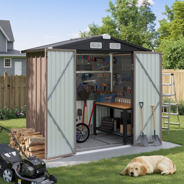 BaPiPro 6X4 ft Outdoor Storage Shed with base, Metal Tool Shed with Lockable, Waterproof, Brown