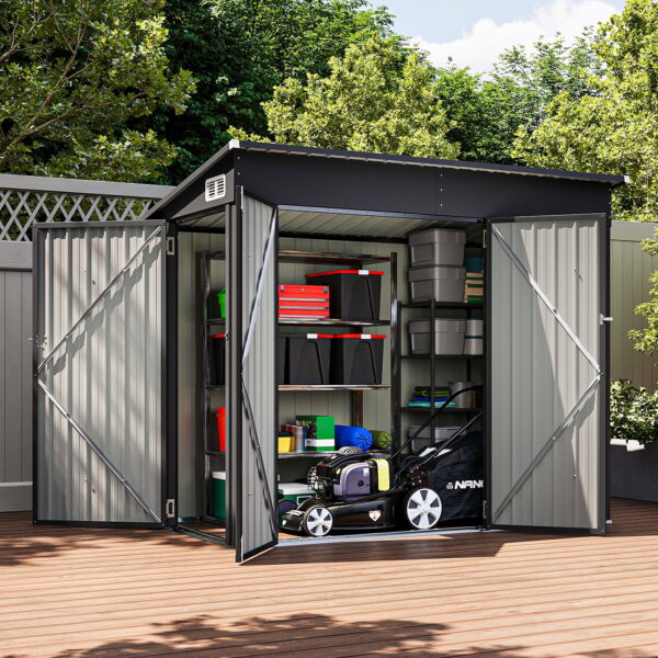 Bapipro 4' x 8' Shed Outdoor Storage Shed with Triple Lockable Door Metal Storage Cabinet with Sloped Roof for Bicycles, Garden Tools