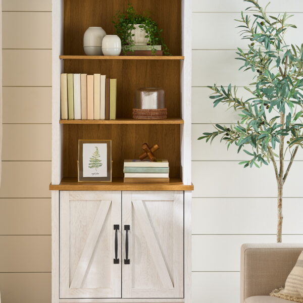 Better Homes & Gardens Modern Farmhouse Bookcase with Doors, Alabaster and Light Honey Finish