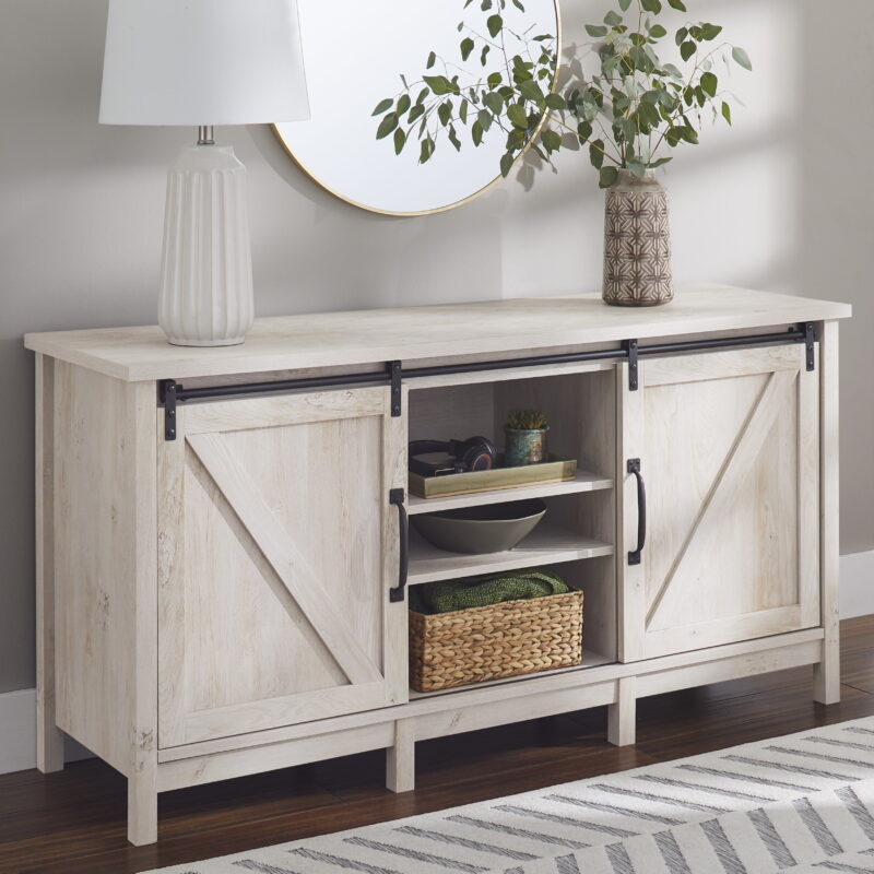 Better Homes & Gardens Modern Farmhouse TV Stand for TVs up to 70", Rustic White Finish