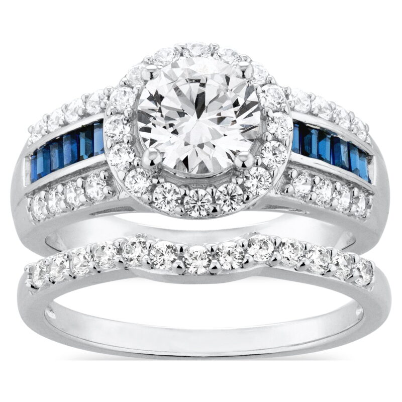 Brilliance 925 Sterling Silver Simulated White Diamond with Created Sapphire accent Bridal Engagement Ring Set