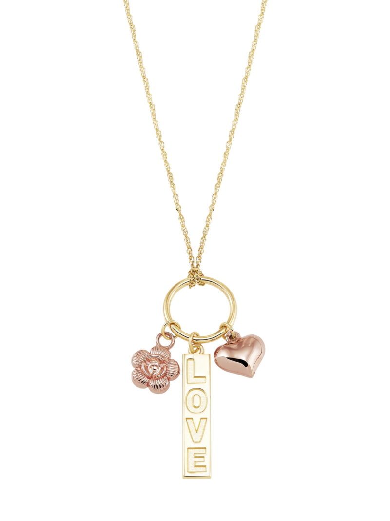 Brilliance Fine Jewelry 10K Two Tone Gold Love Bar, Flower, Puffed Heart Necklace,19"