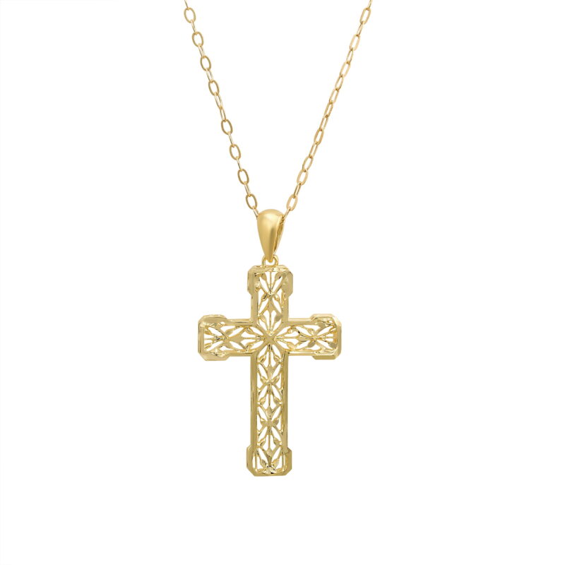 Brilliance Fine Jewelry 10KT Yellow Gold Filigree Cross Pendant with 18" Gold Filled Chain