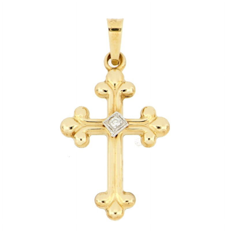 Brilliance Fine Jewelry 14 KT Yellow Gold Fleur De Lis Diamond Accent Cross Total Diamond Weight .01 Carat