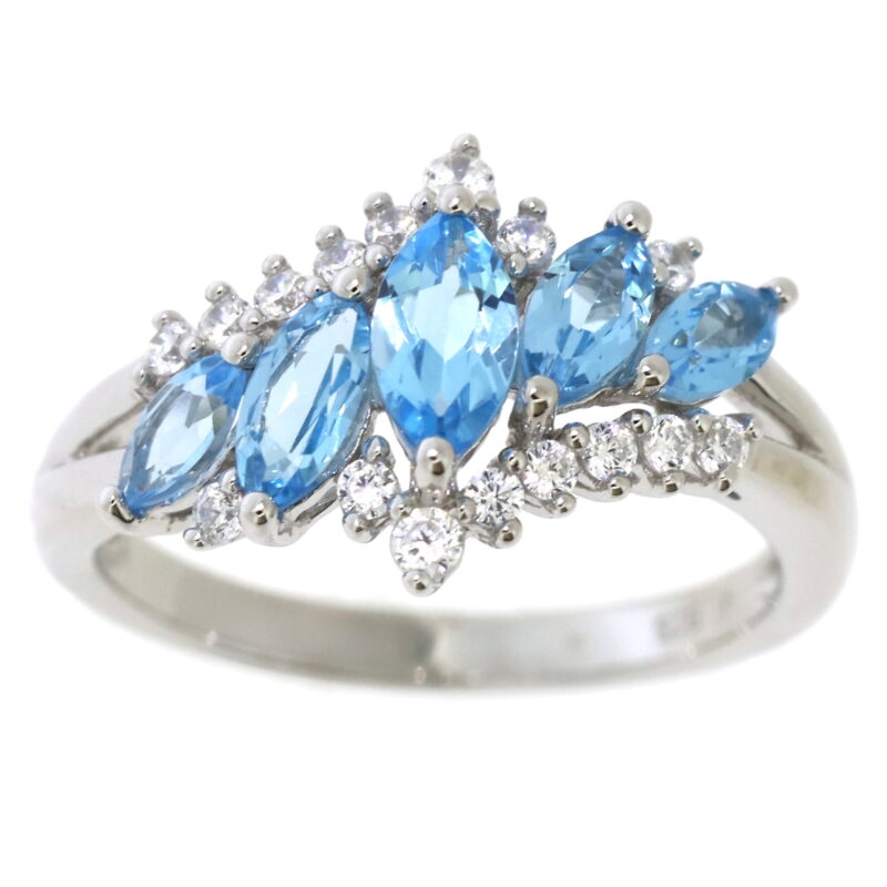 Brilliance Fine Jewelry 925 Sterling Silver Genuine Swiss Blue Topaz and White Cubic Zirconia CZ Marquise Ring