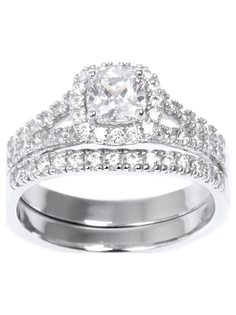 Brilliance Fine Jewelry Cushion Cut Simulated Diamond Engagement Ring Set in Sterling Silver