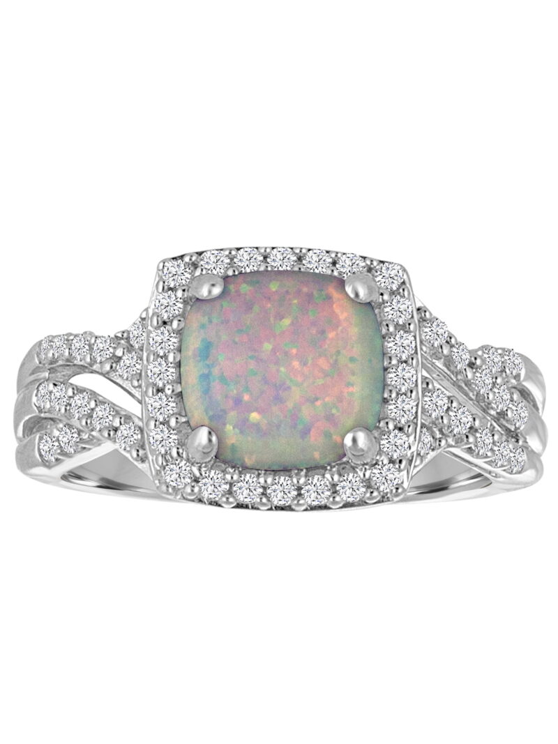 Ladies Brilliance Fine Jewelry Lab-Created Opal with CZ Accents Sterling Silver Cushion Ring