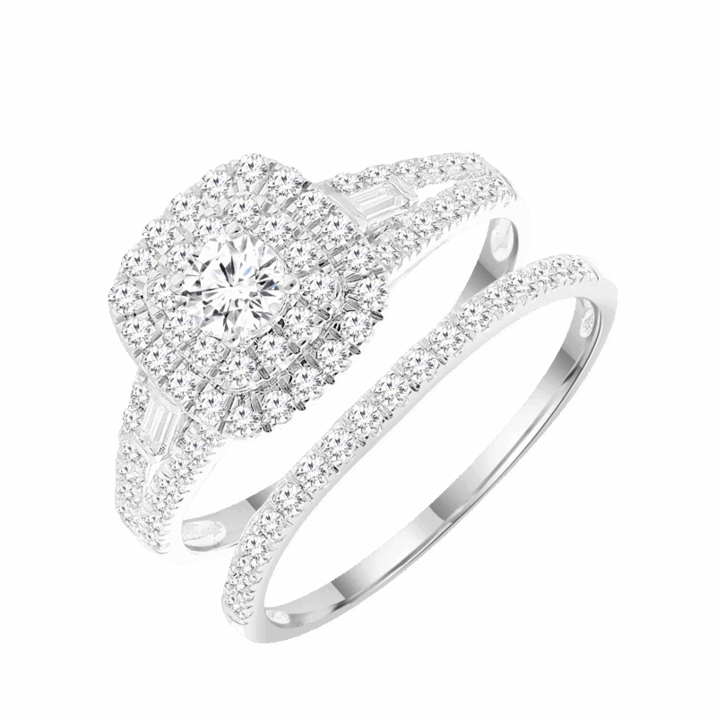 Brilliance Fine Jewelry Round 1 Carat Lab Grown Diamond Halo Bridal Ring Set in Sterling Silver