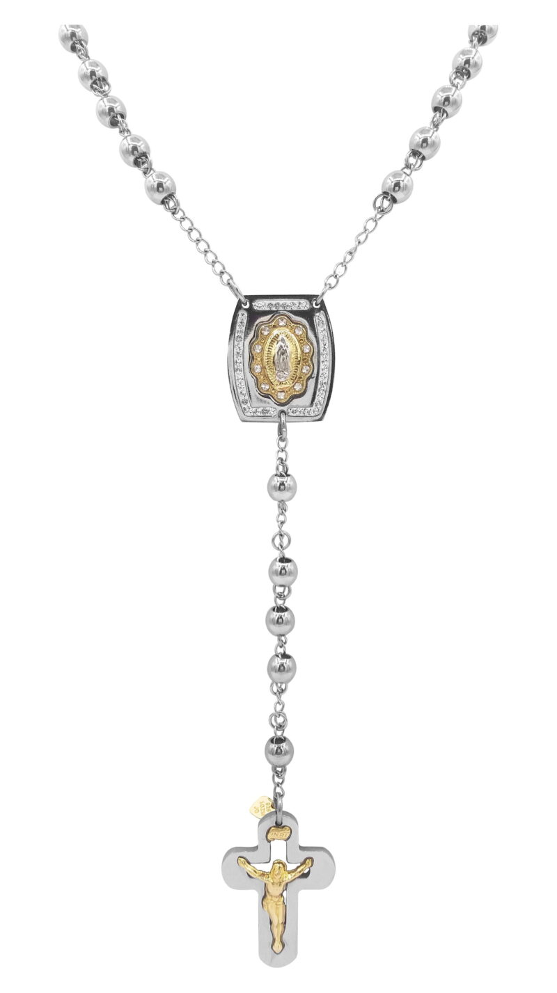 Brilliance Fine Jewelry Stainless-Steel And 14K Gold Plated Sterling Silver Crystal Medallion 6mm Beads Men's Rosary Necklace, 26"