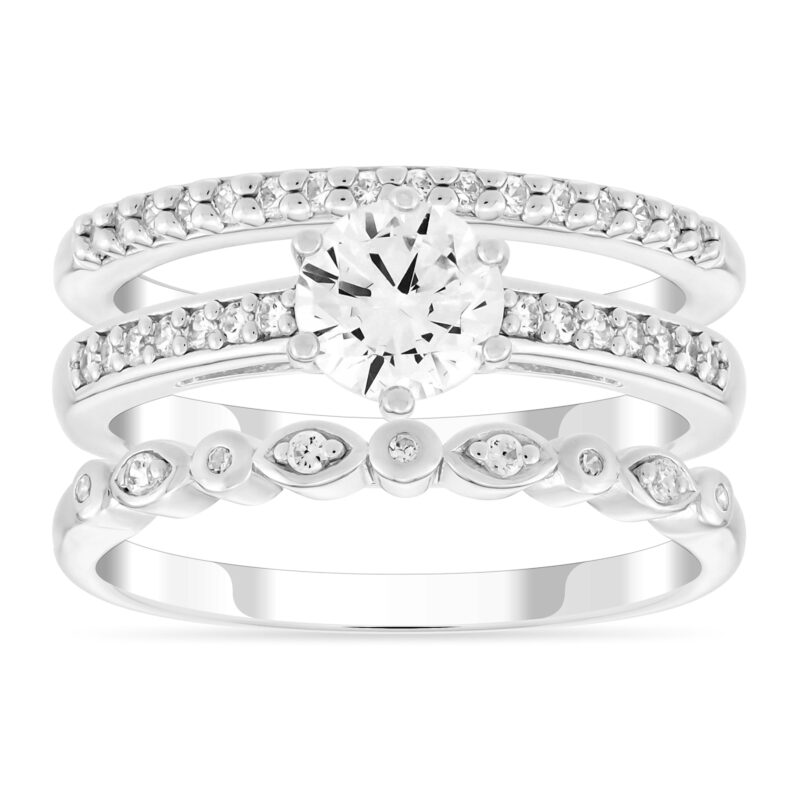 Brilliance Fine Jewelry Women's .925 Sterling Silver Simulated Round White Diamond Trio Set Rings