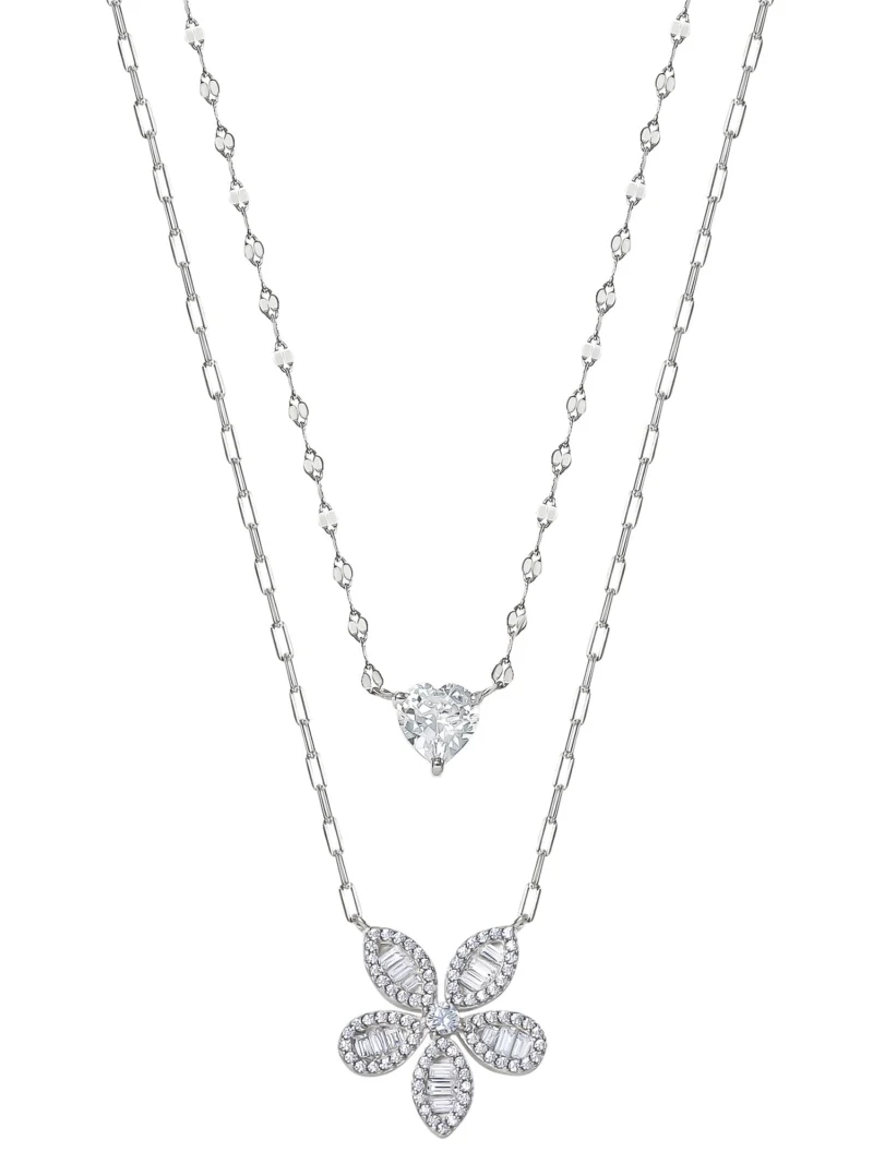 Brilliance Women's Jewelry Sterling Silver CZ Flower and Heart Necklace Set