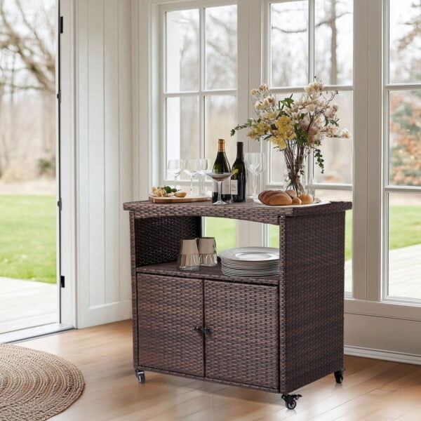 Brown Outdoor Bar Cart with Storage - Wicker Patio Buffet Cabinet on Wheels, for Indoor & Outdoor Use