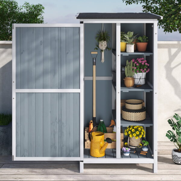 Christopher Knight Home Wood Outdoor Storage Shed with 5 Customizable Compartments, and Sloped Roof, Gray and White