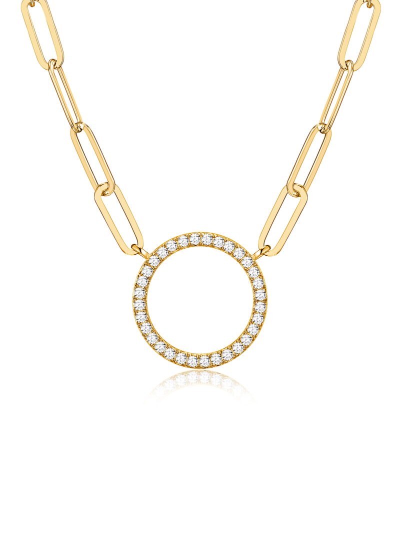 Cubic Zirconia Lined Circle 18K Gold Over Sterling Silver Paperclip Necklace Gift for Her, 18" + 2" Extension