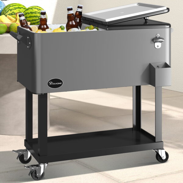 Dextrus 80 Quart Outdoor Rolling Cooler Cart with Bottle Opener Drainage, Portable Beverage Rolling Cart with Tray on Wheels, Silver