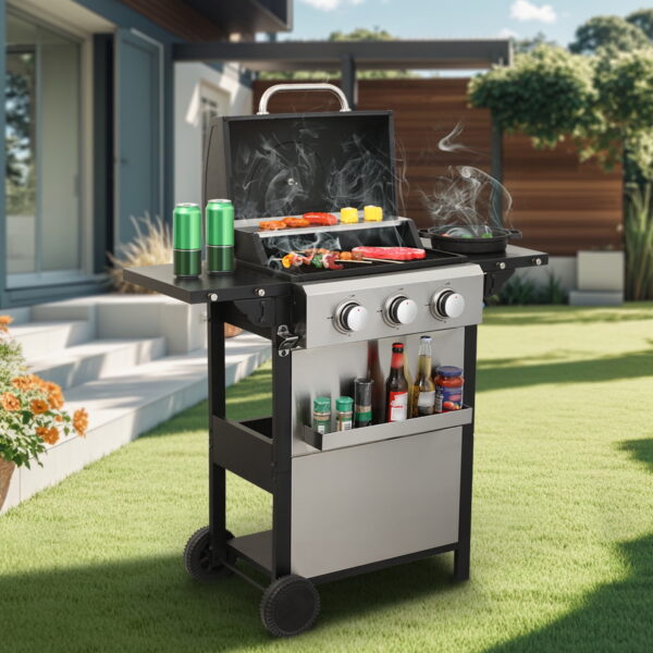 Dravenfell 3-burner 25650BTU Propane Gas BBQ Grill, Enamel Cooking Grids, Foldable Side Table, Stainless Steel, Black + Grey