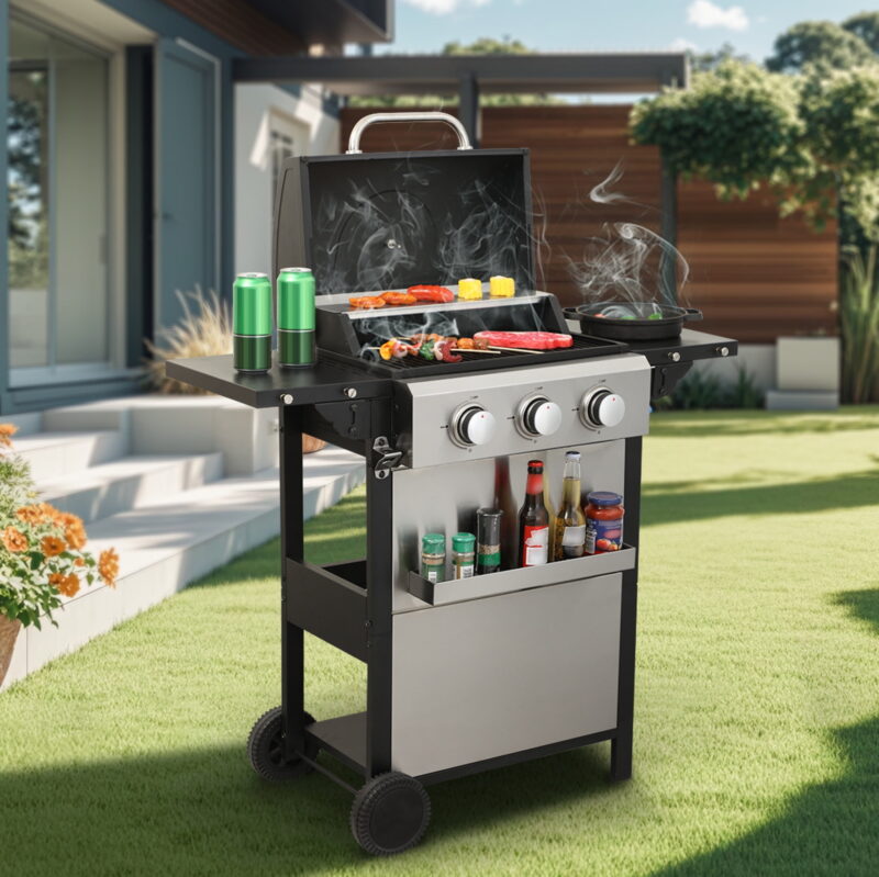 Dravenfell 3-burner 25650BTU Propane Gas BBQ Grill, Enamel Cooking Grids, Foldable Side Table, Stainless Steel, Black + Grey