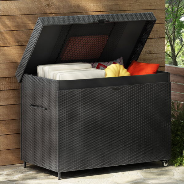 Euroco Wicker Deck Box with Wheels, All-Weather Outdoor Storage Bin for Patio Furniture, Outdoor Cushions, Pool Storage, and Garden Tools