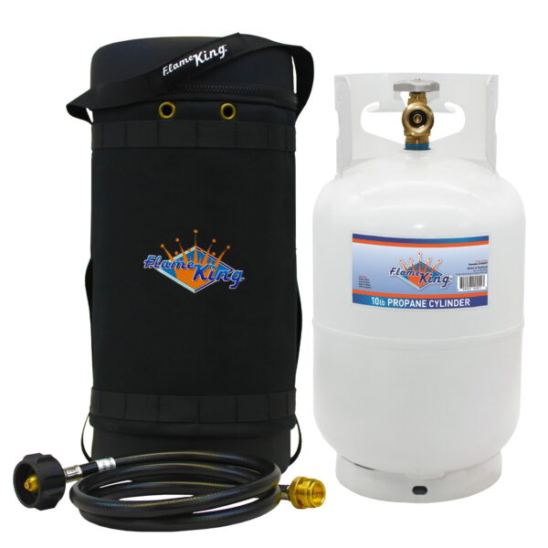 Flame King Gas Hauler Kit - Insulated Protective Carry Case, 10LB Propane Tank and Adapter Hose for Camping and Outdoor Adventures GH10-RBH-10LB