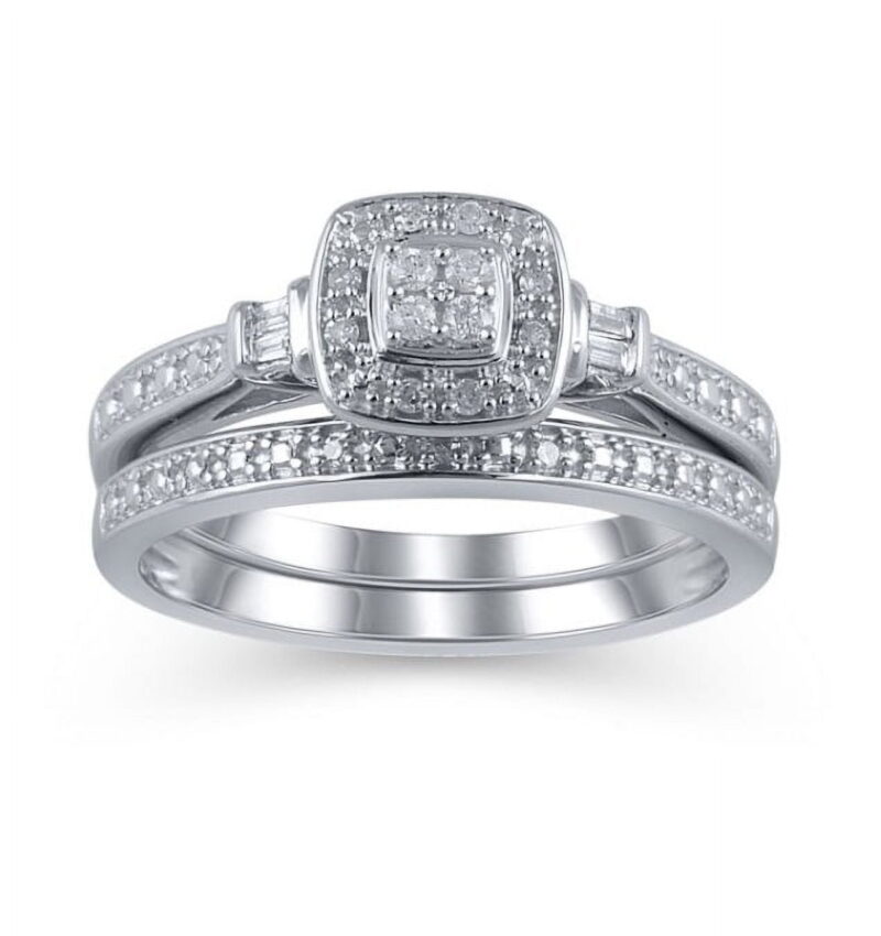 Forever Bride 1/10 Ct Natural Diamond Cushion Cut Bridal Set Women's Ring, Sterling Silve