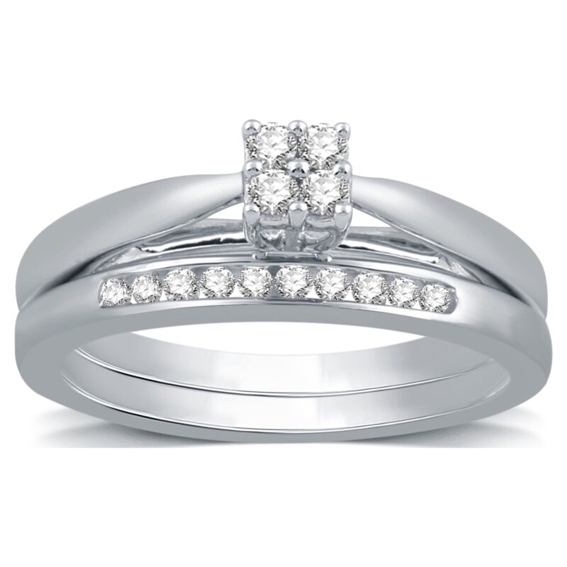 Forever Bride 1/5 CTTW Round Diamond Women's Sterling Silver Quad Solitaire Bridal Set