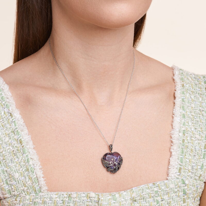 Forever Facets Amethyst-Tone Glass Heart Pendant Necklace with Marcasite Gemstones in Sterling Silver, Adult Female
