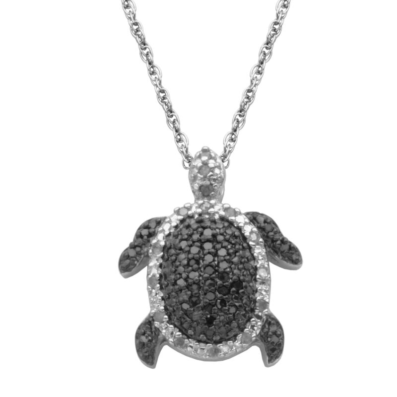 Forever Facets Black and White Diamond Turtle Pendant Necklace in Sterling Silver, Adult Female