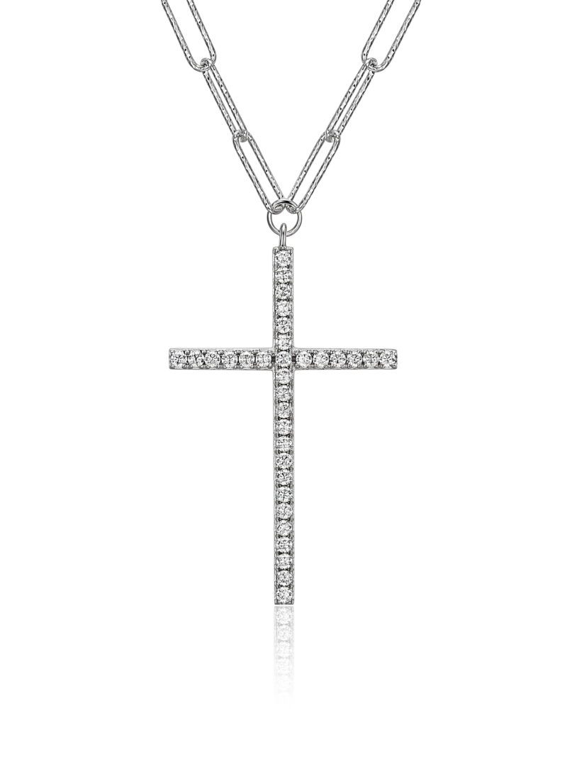 Forever Facets CZ Cross Paperclip Necklace Hand Set in Sterling Silver, 18" + 2" Extension